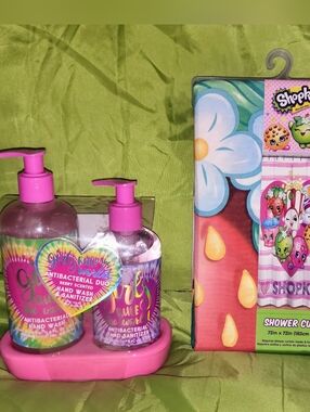 Shopkins Pink Kids Shower Curtain with Pink Hand Wash Duo 🩷🍪💕🍏🎀🍓